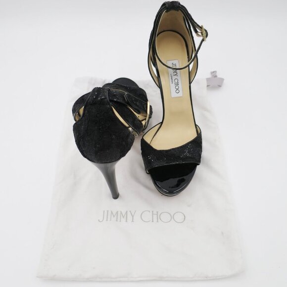 Jimmy Choo London Black Kayden Ankle Strap Sandal 40.5 Leather Suede Glitter - Picture 9 of 14